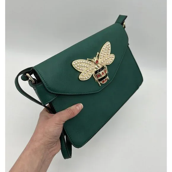 Bumble Bee Purse Shoulder Bag Green Queen Embellished Faux Pearl Rhinestone - Picture 8 of 12